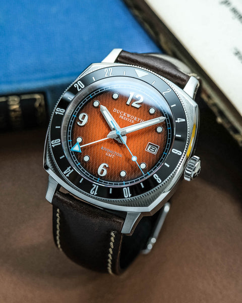 Rivington GMT watch orange dial on brown leather - Wilson Watches