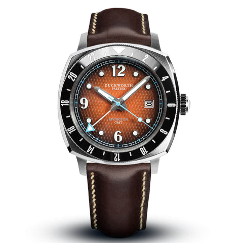 Rivington GMT watch orange dial on brown leather - Wilson Watches