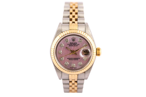 Rolex 69173 Datejust Pink MOP custom dial Diamond Dial 26mm Ladies Watch - Wilson Watches 