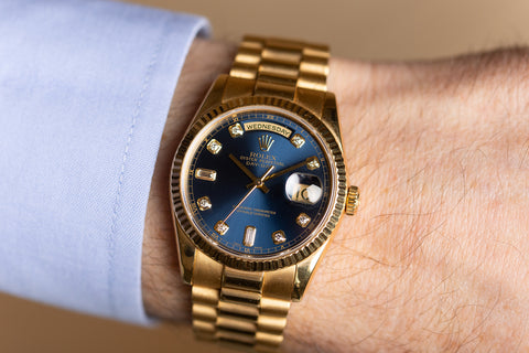 Rolex Day-Date 36 President Day Date Yellow Gold Blue Diamond Dial Mens Watch 118238 - Wilson Watches 