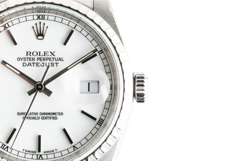 Rolex Datejust 36 Model Number 16220 White dial close up