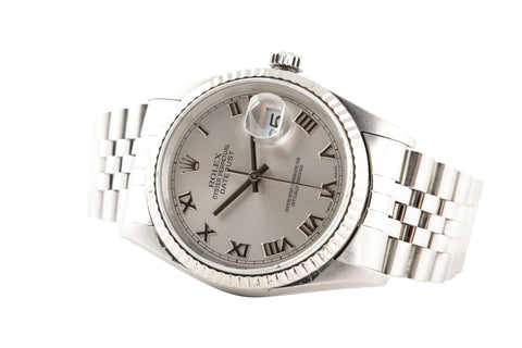 Rolex Datejust 36 Stainless Steel White & Gold Bezel Silver Roman Dial Watch 16234 side view of the dial.jpg